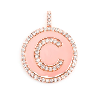 Diamond Cirlce Border Any Letter Disc Pendant 14k Solid Gold 0.50ctw