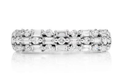 Three Row Alternating Round And Baguette Diamond Ring 14k Solid Gold 0.90ctw