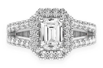 Sphinx - 0.75ct Emerald Cut Solitaire - Halo Split Shank - Diamond Engagement Ring - Natural Diamonds - Zz