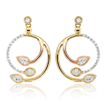 Tri Tone Mixed Shape Diamond Sprial Dangle Earrings 14k Solid Gold 0.70ctw