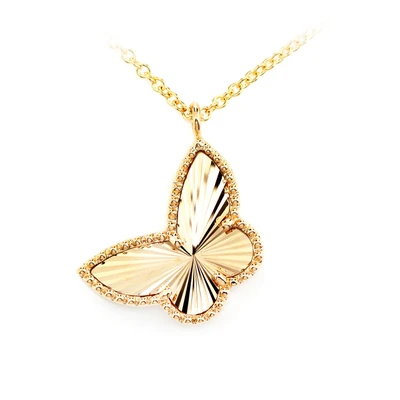 Sunburst Buttterfly Pendant Attached Necklace 14k Solid Gold