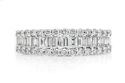 Baguette Cut And Round Diamond Framed Band Ring 14k Solid Gold 0.75ctw