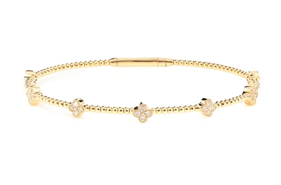 Beaded Milgrain Diamond Clover Flex Bangle Bracelet 14k Solid Gold 0.45ctw