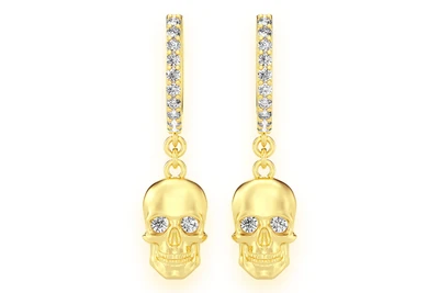 Dangling Skull Huggie Hoop Earrings 14k   0.30ctw