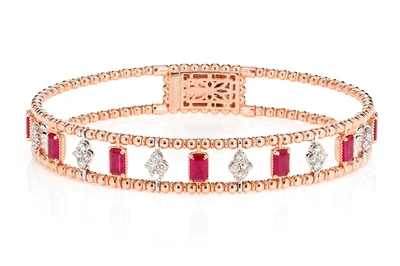 Ruby And Diamond Cluster Stone Beaded Bangle Bracelet 14k Solid Gold 2.70ctw