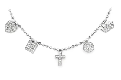 Five Station Diamond Charm Dangle Station Bead Chain Necklace 14k Solid Gold 0.50ctw