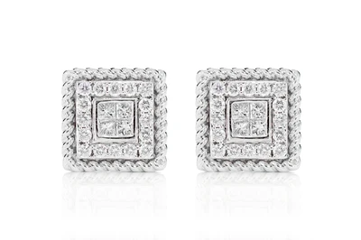 Quad Center Diamond Halo Rope Border Stud Earrings 14k Solid Gold 0.50ctw 