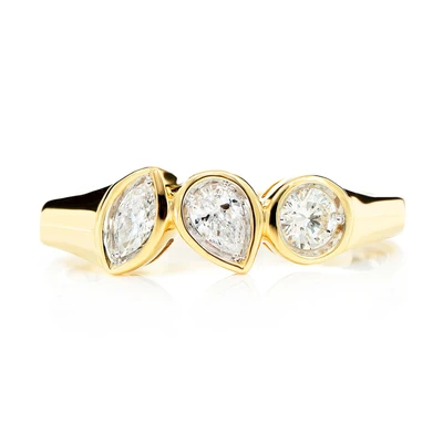 Multi Shape Diamond Bezel Trio Band Ring 14k Solid Gold 0.35ctw