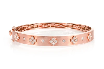 Diamond Milgrain Clover Satin Bangle Bracelet 14k Solid Gold 0.80ctw