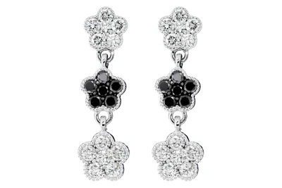 Black & White Diamond Dangling Clover Earrings 14k Solid Gold 1.50ctw