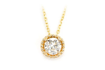 Beaded Halo Diamond Solitaire Pendant Attached Necklace 14k Solid Gold 0.45ctw