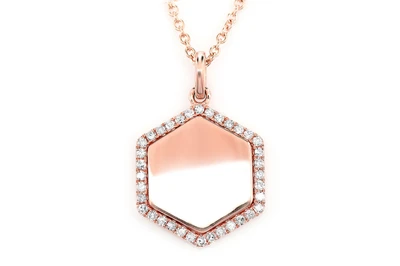 Diamond Halo Hexagon Pendant Necklace Attached 14k Solid Gold 0.15ctw 