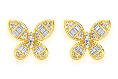 Butterfly Baguette Stud Diamond Earrings 14k Solid Gold 0.65ctw