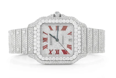 Cartier Santos De Cartier Steel 40MM (4072) - 20.50ctw Fully Iced Out - Custom Red Enamel Pave Dial