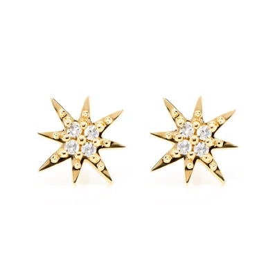 Diamond Shining Star Stud Earrings 14k Solid Gold 0.07ctw