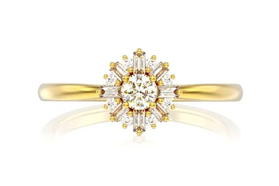 Round Floral Baguette Diamond Ring 14k Solid Gold 0.35ctw