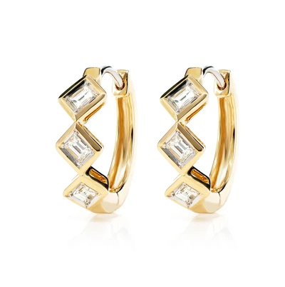 Alternating Baguette Diamond Hoop Earrings 14k Solid Gold 0.40ctw