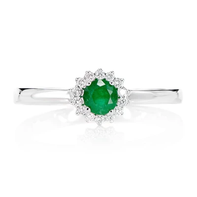 Round Emerald And Diamond Halo Ring 14k Solid Gold 0.33ctw