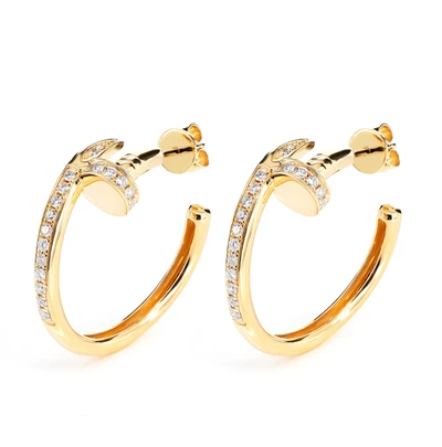  Nail Half Diamond Hoop Earrings 14k Solid Gold 0.45ctw
