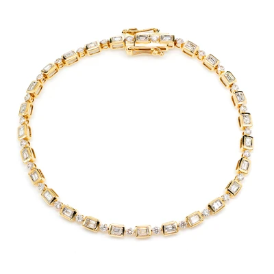 Diamond Baguette And Round Bezel Alternating Link Bracelet 14k Solid Gold 1.20ctw