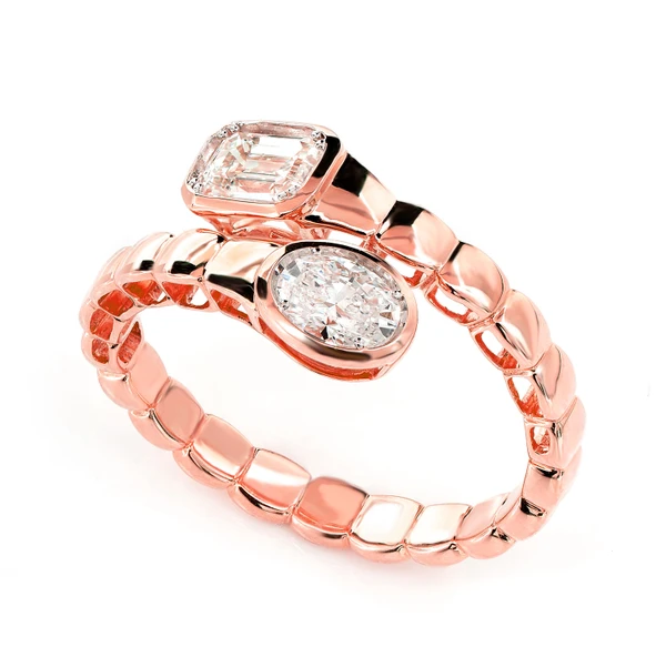 Oval And Baguette Diamond Bypass Ring 14k Solid Gold 0.85ctw