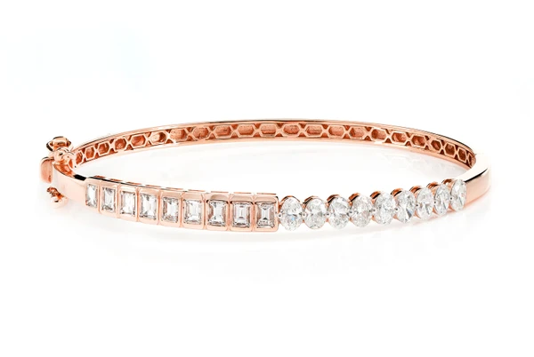 Bezel Set Baguette And Oval Diamond Bangle Bracelet 14k Solid Gold 1.85ctw 