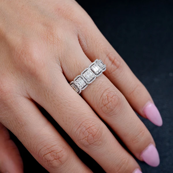 Baguette And Round Stone 5 Halo Diamond Ring 14k Solid Gold 0.70ctw