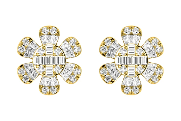 Floral Baguette & Round Diamond Stud Earrings 14k Solid Gold 0.50ctw