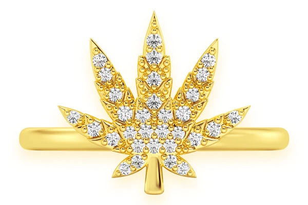Cannabis Leaf Diamond Ring 14k Solid Gold 0.15ctw