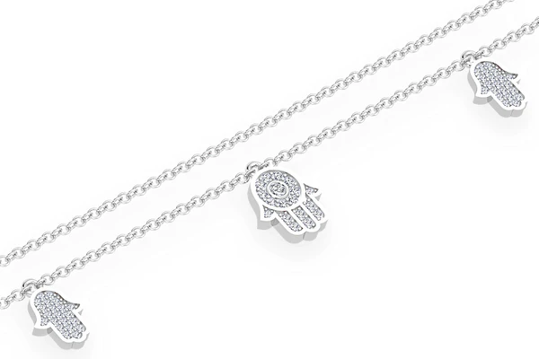 5 Hamsa Rolo Diamond Necklace Connected 14k Solid Gold 0.40ctw