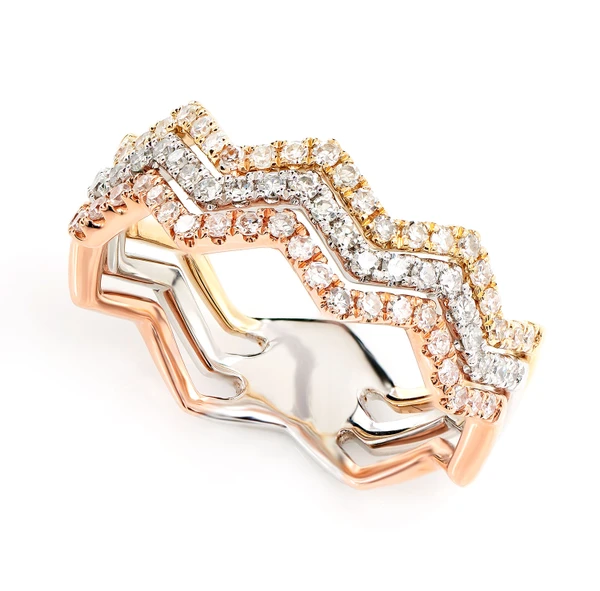 Three Row Zig Zag Wavy Tri-Tone Diamond Band Ring 14k Solid Gold 0.45ctw