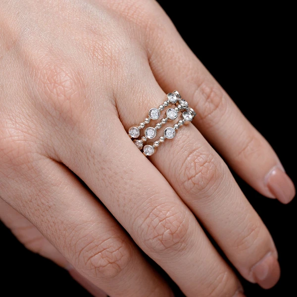 Four Row Scattered Beaded Bezel Diamond Band Ring 14k Solid Gold 0.35ctw 