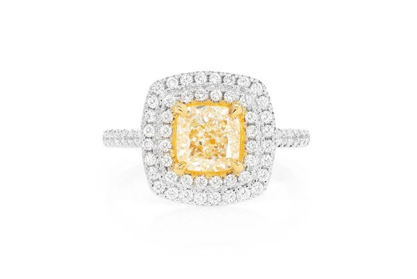 2.00ct Cushion Fancy Yellow Diamond Double Halo Diamond Ring 14k Solid Gold