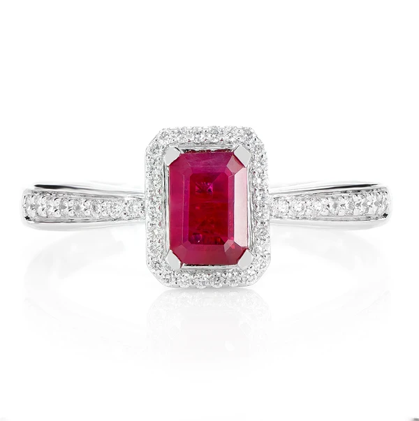 Emerald Cut Ruby Gemstone And Diamond Halo Ring 14k Solid Gold 0.87ctw