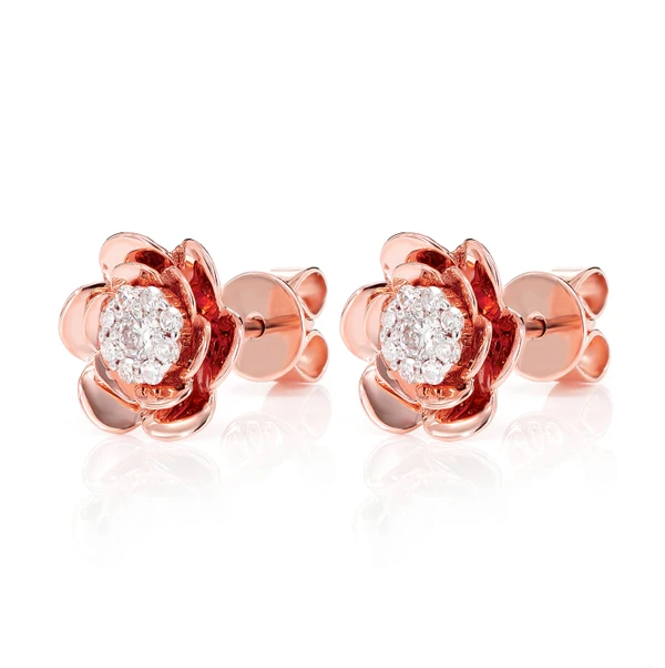 Bloomed Flower Diamond Cluster Stud Earrings 14k Solid Gold 0.15ctw