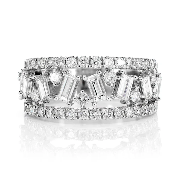 Open Alternating Baguette And Round Diamond Ring 14k Solid Gold 1.80ctw 