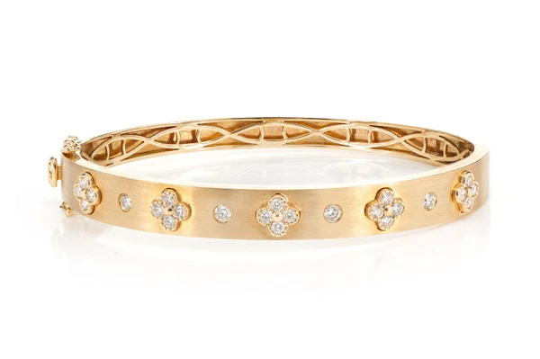 Diamond Milgrain Clover Satin Bangle Bracelet 14k Solid Gold 0.80ctw
