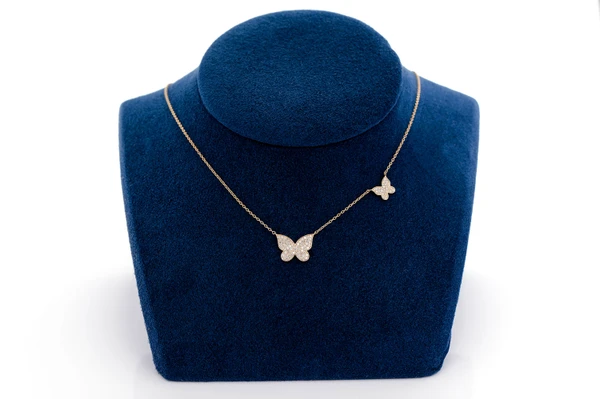 Double Butterfly Diamond Necklace Attached 14k Solid Gold 0.37ctw