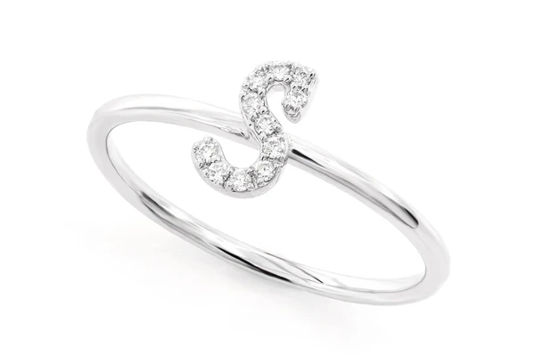 Cursive Letter S Diamond Ring 14k Solid Gold 0.05ctw