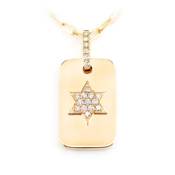 Star Of David Dog Tag Diamond Necklace Attached 14k Solid Gold 0.19ctw