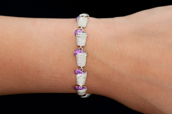 Purple Double Cup Diamond & Amethyst Bracelet 14k Solid Gold 4.50ctw