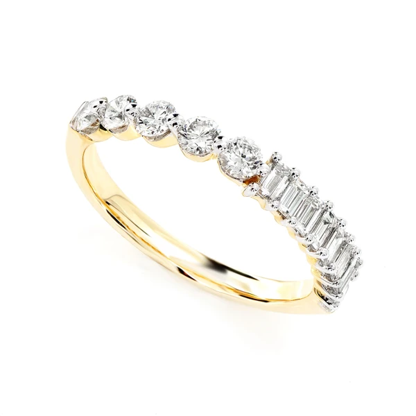 Single Row Half Baguette Half Round Diamond Ring 14k Solid Gold 0.90ctw