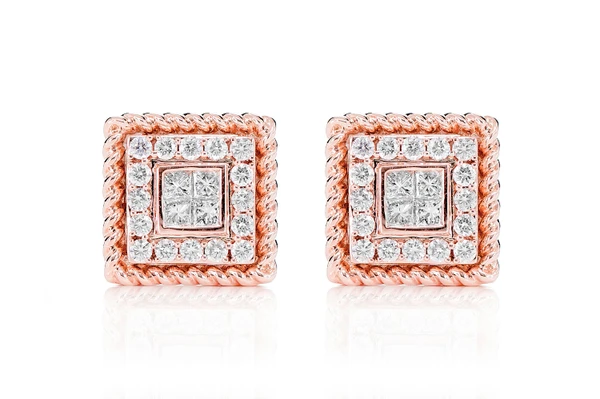 Quad Center Diamond Halo Rope Border Stud Earrings 14k Solid Gold 0.50ctw 