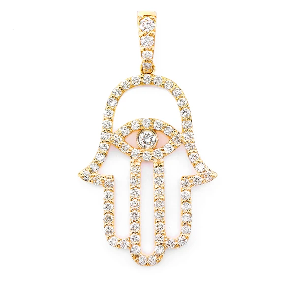 Open Hamsa Evil Eye Diamond Pendant 14k Solid Gold 0.85ctw