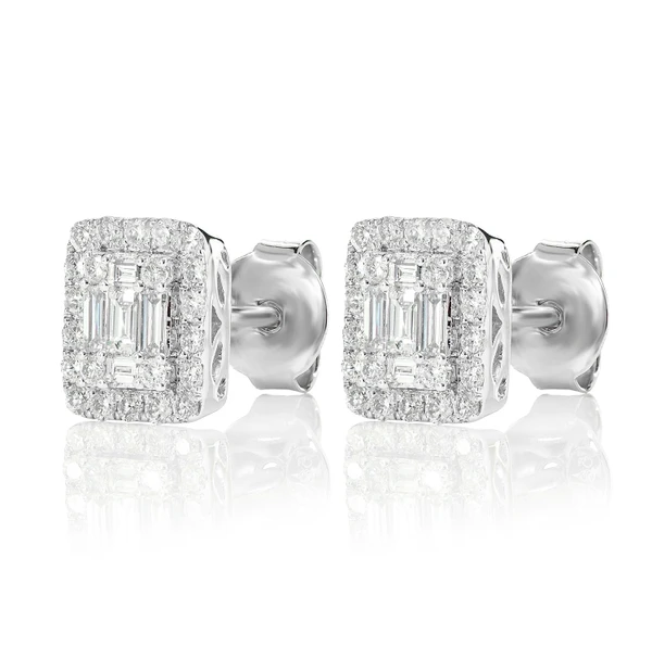 Halo Diamond Baguette Stud Earrings 14k Solid Gold 0.70ctw