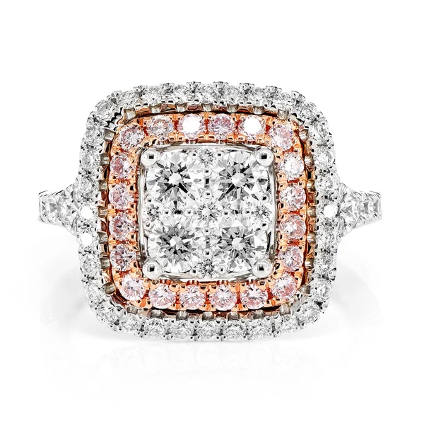 Double Halo White And Pink Diamond Engagement Ring - All Natural - 1.80ctw 