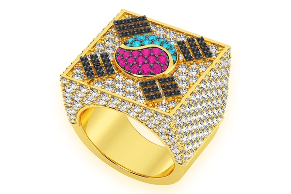 Korean Flag Signet Diamond Ring 14k Solid Gold 4.50ctw 