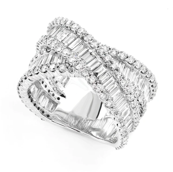 Cross Over Baguette And Round Diamond Ring 14k Solid Gold 2.40ctw