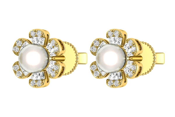 Pearl Diamond Daisy Stud Earrings 14k Solid Gold 0.30ctw