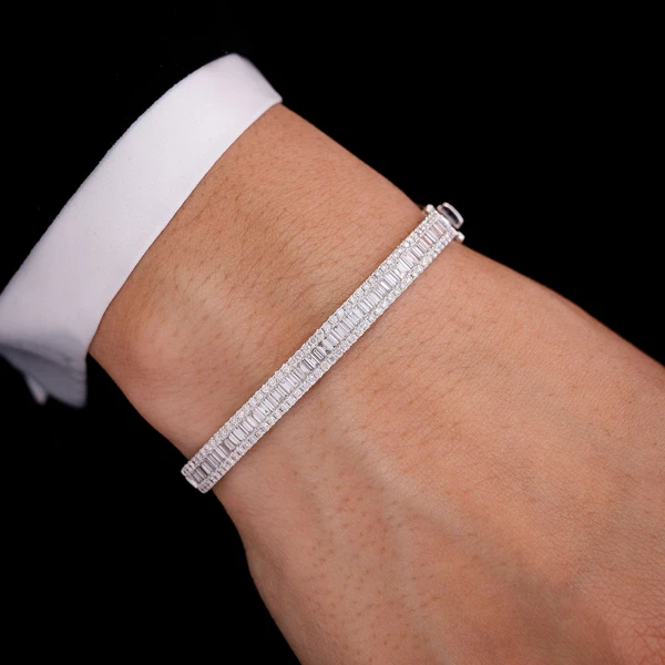 Baguette And Round Diamond Border Bangle Bracelet 14k Solid Gold 2.00ctw